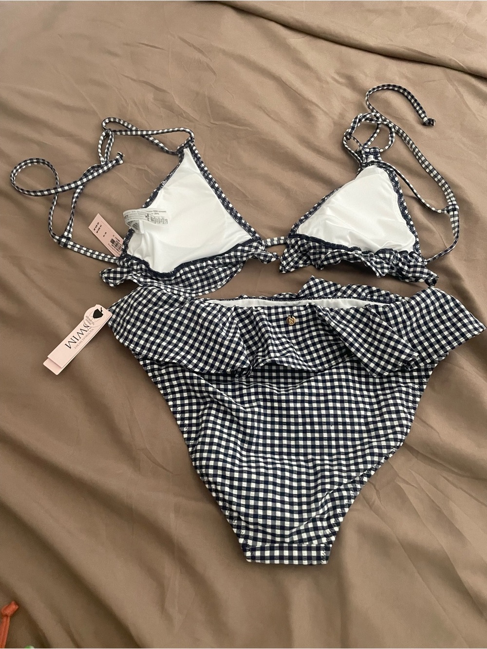 Gingham Ruffle Bikini Set in navy blue White. Top size M&bottoms S. - Picture 3 of 4